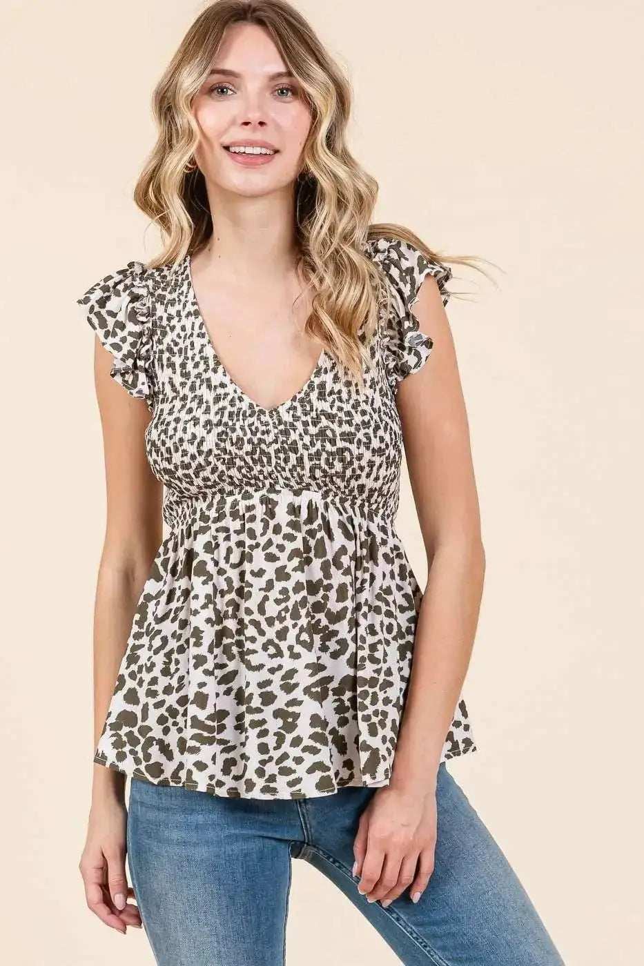 Mittoshop Leopard Print Ruffle Smock Blouse - Trendsi - Flyclothing LLC
