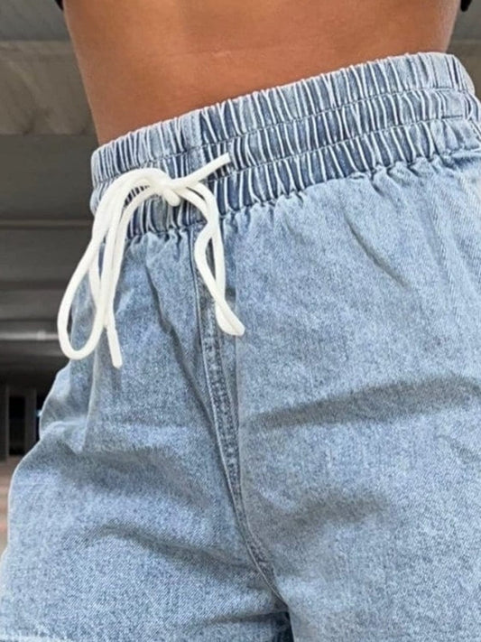 Drawstring High Waist Denim Shorts - Trendsi