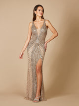 Lara 29499 - Embellished Long Dress with Thigh High Slit