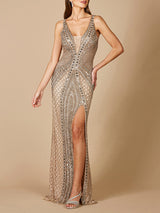 Lara 29499 - Embellished Long Dress with Thigh High Slit