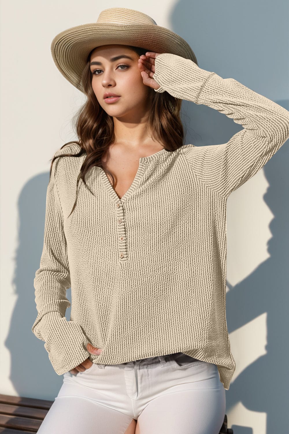 Double Take Full Size Notched Thumbhole Long Sleeve T-Shirt - Trendsi