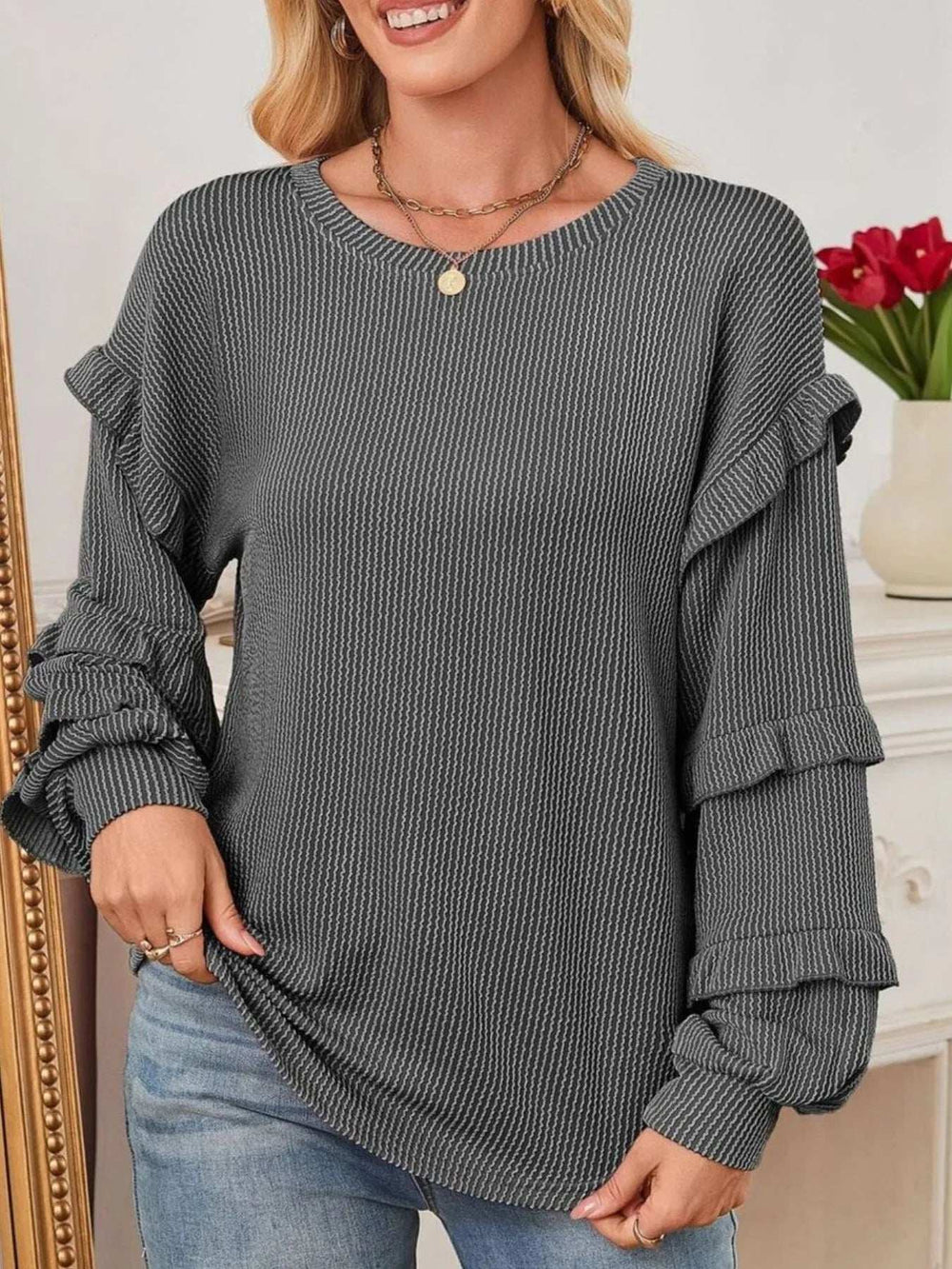 Ruffled Round Neck Long Sleeve Sweatshirt - Trendsi - Flyclothing LLC