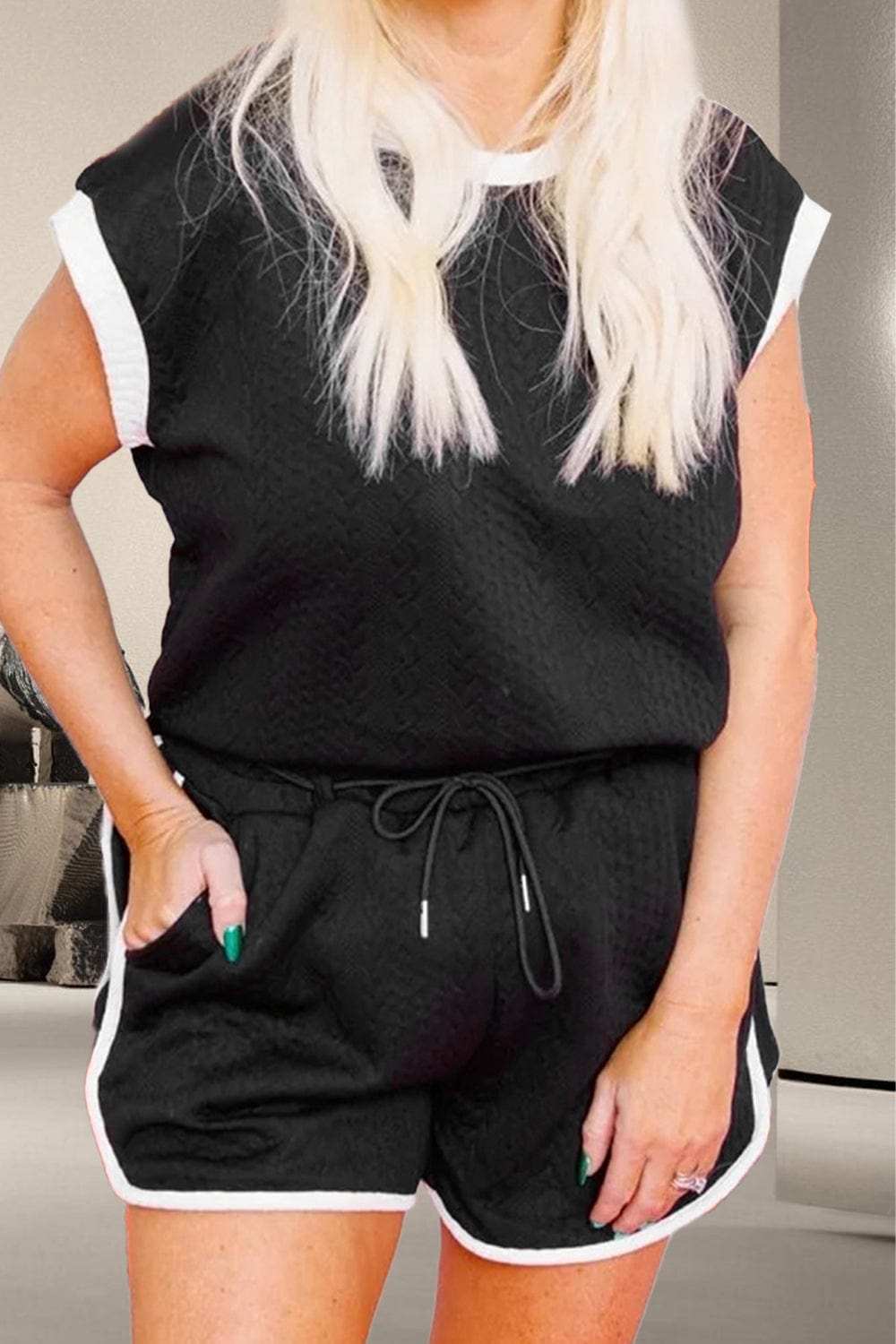 Contrast Trim Round Neck Top and Shorts Set - Trendsi - Flyclothing LLC