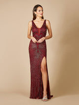 Lara 29528 - Thigh High Slit Beaded Gown