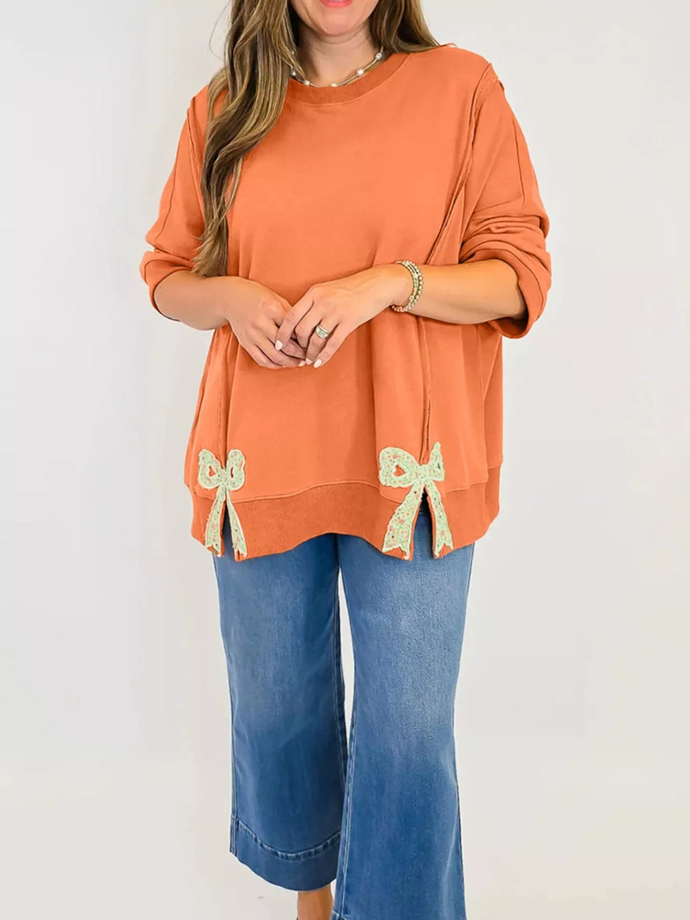 Bow Slit Round Neck Sweatshirt - Trendsi - Flyclothing LLC