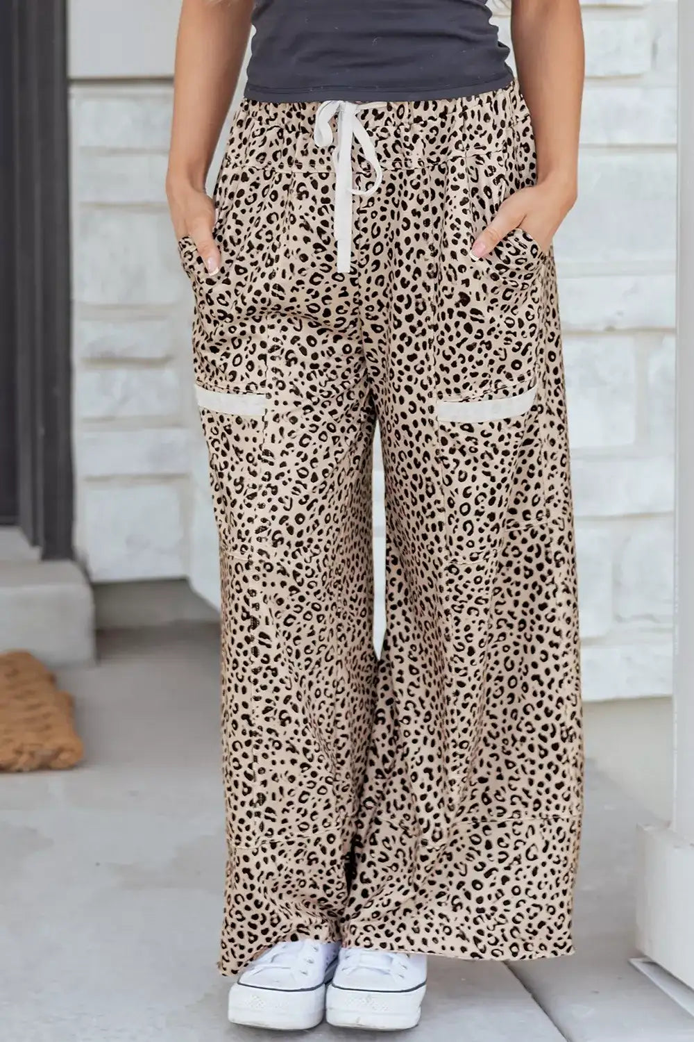 Leopard Print Wide-Leg Pants with Drawstring - Trendsi - Flyclothing LLC