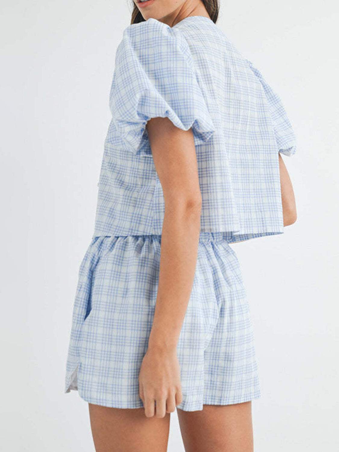 V-Neck Puff Sleeve Top and Shorts Set - Trendsi - Flyclothing LLC