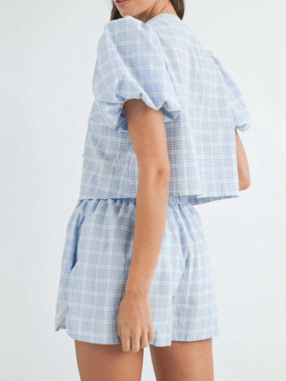 V-Neck Puff Sleeve Top and Shorts Set - Trendsi - Flyclothing LLC