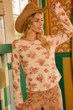 BiBi Floral Print Washed Waffle Thermal Top With Thumb - Trendsi - Flyclothing LLC