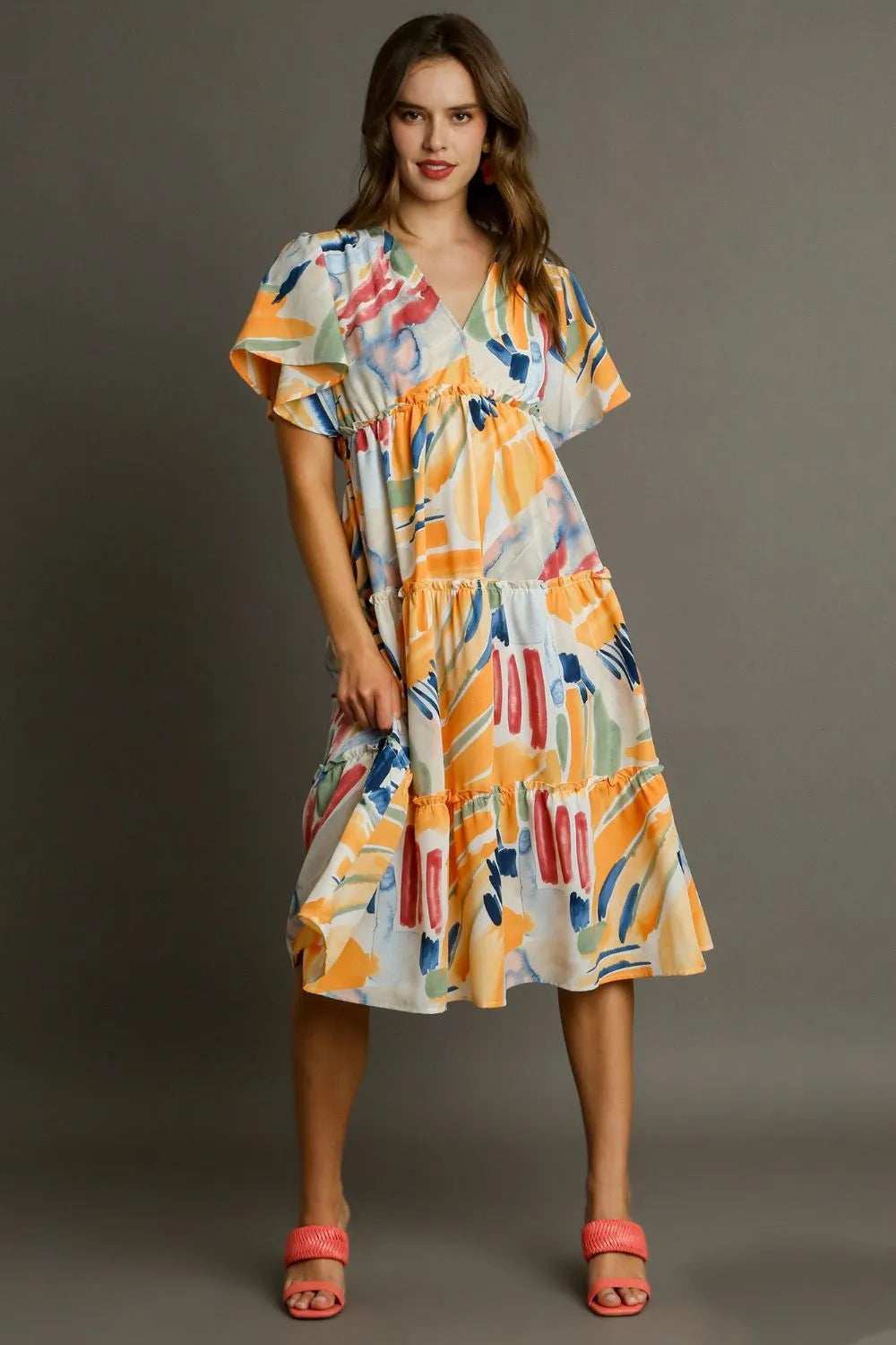 Umgee Full Size Abstract Print Flutter Sleeve Frill Tiered Midi Dress Plus Size - Trendsi - Flyclothing LLC