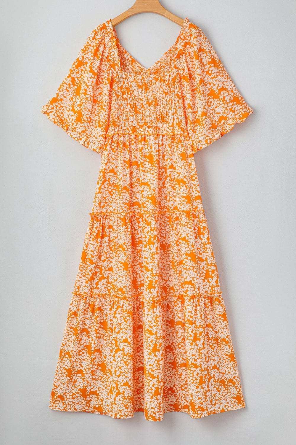 Floral Print Smocked V Neck Wide Sleeve Maxi Dress - Trendsi - Flyclothing LLC