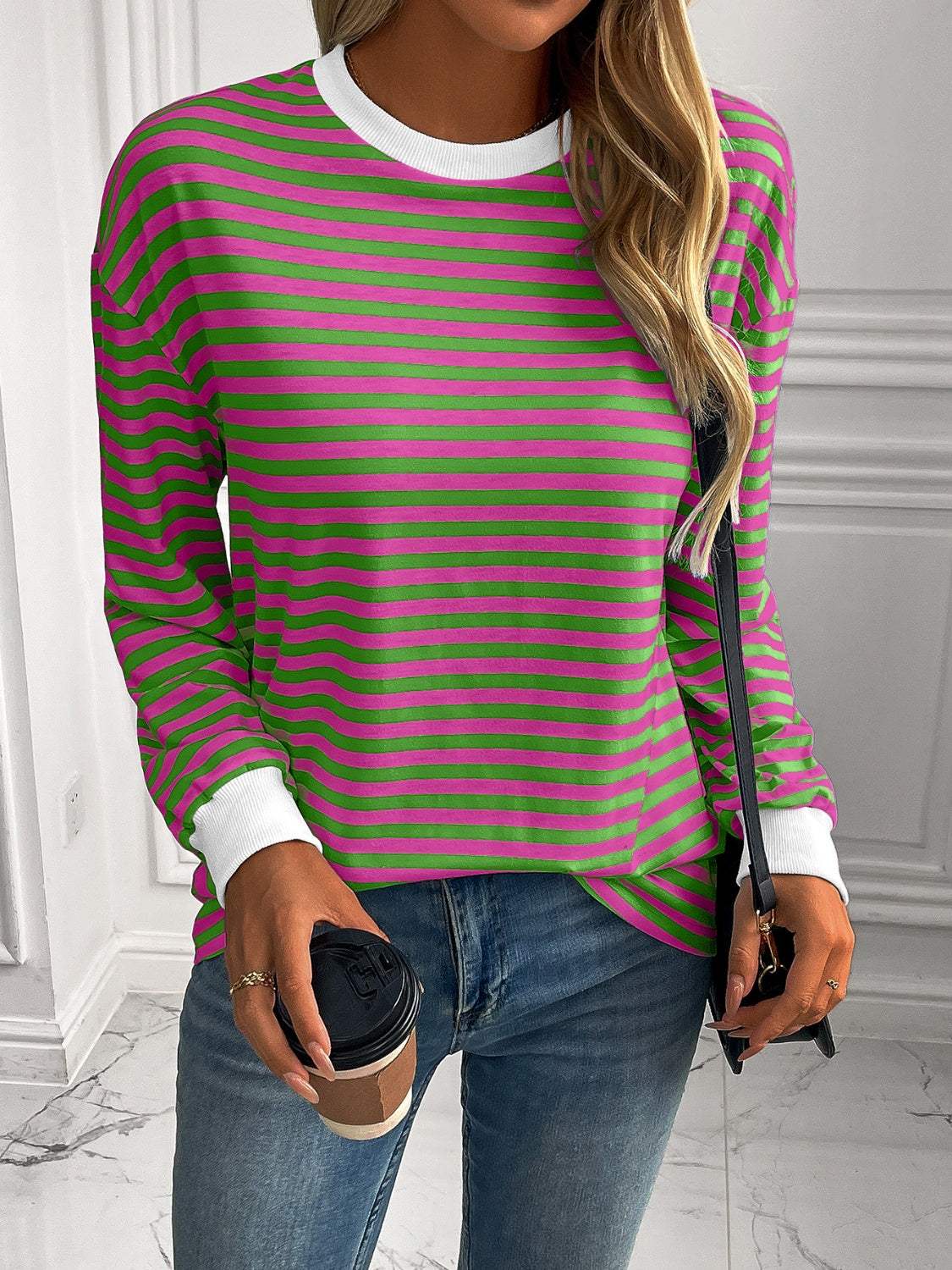 Ivy Lane Striped Round Neck Long Sleeve Sweatshirt - Trendsi - Flyclothing LLC