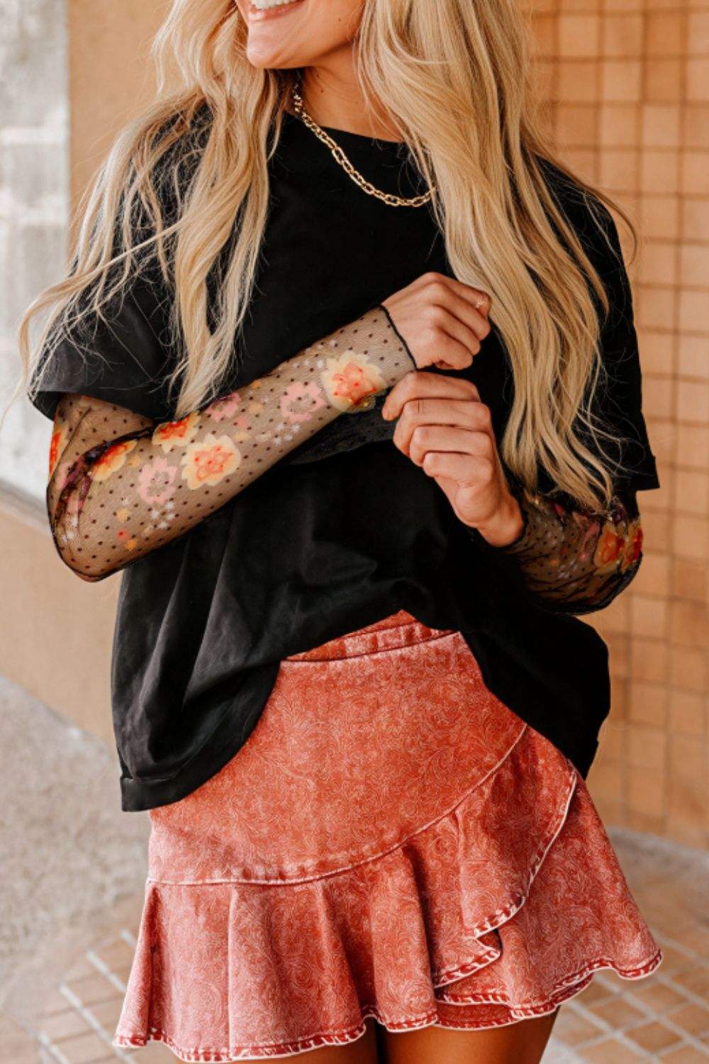 Faux Two Piece Floral Long Sleeve Patchwork Top - Trendsi - Flyclothing LLC