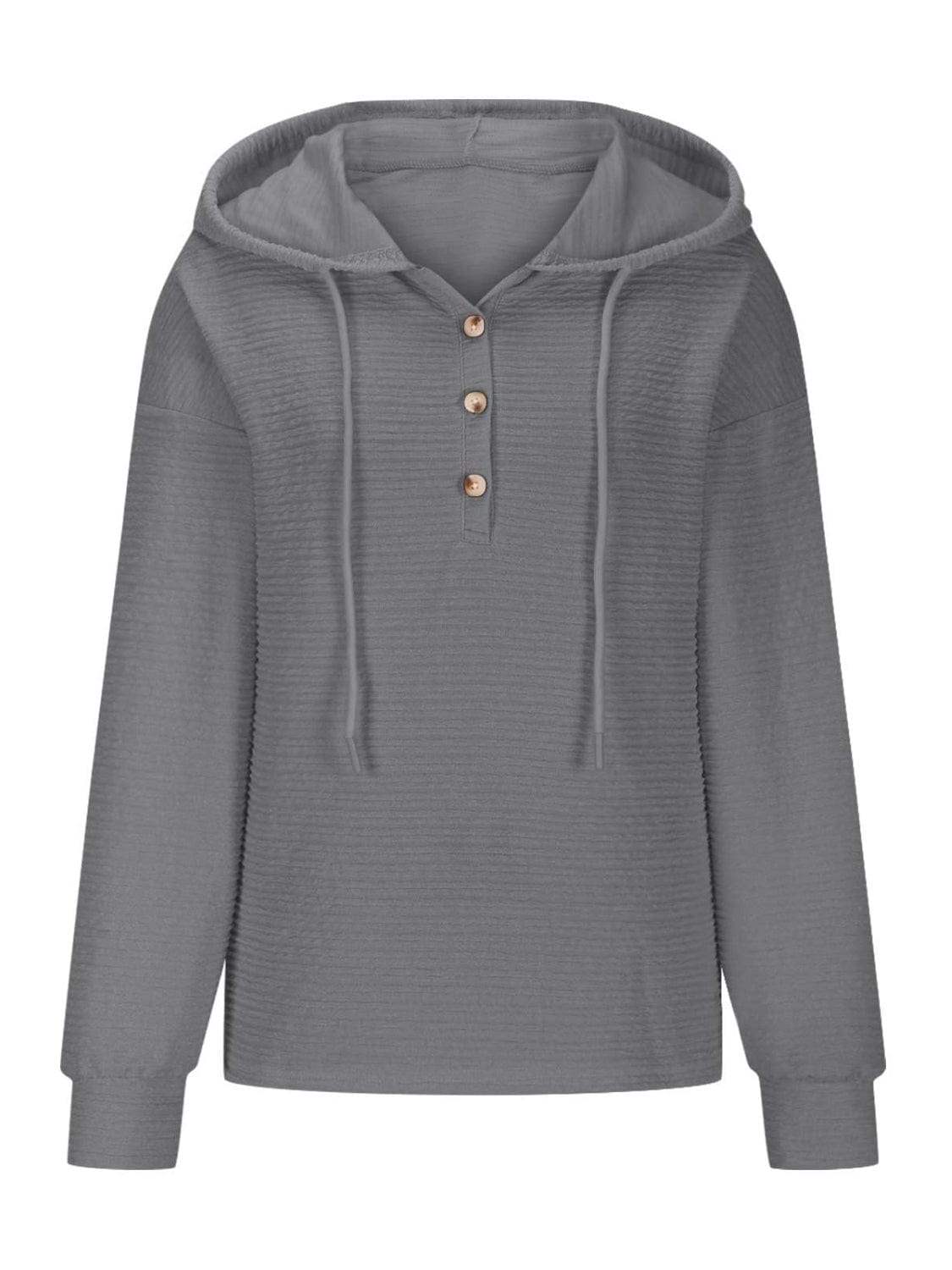 Drawstring Quarter Button Long Sleeve Hoodie - Trendsi - Flyclothing LLC