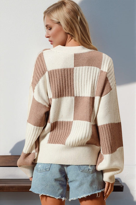 Double Take Full Size Checkered Dropped Shoulder Cardigan - Trendsi