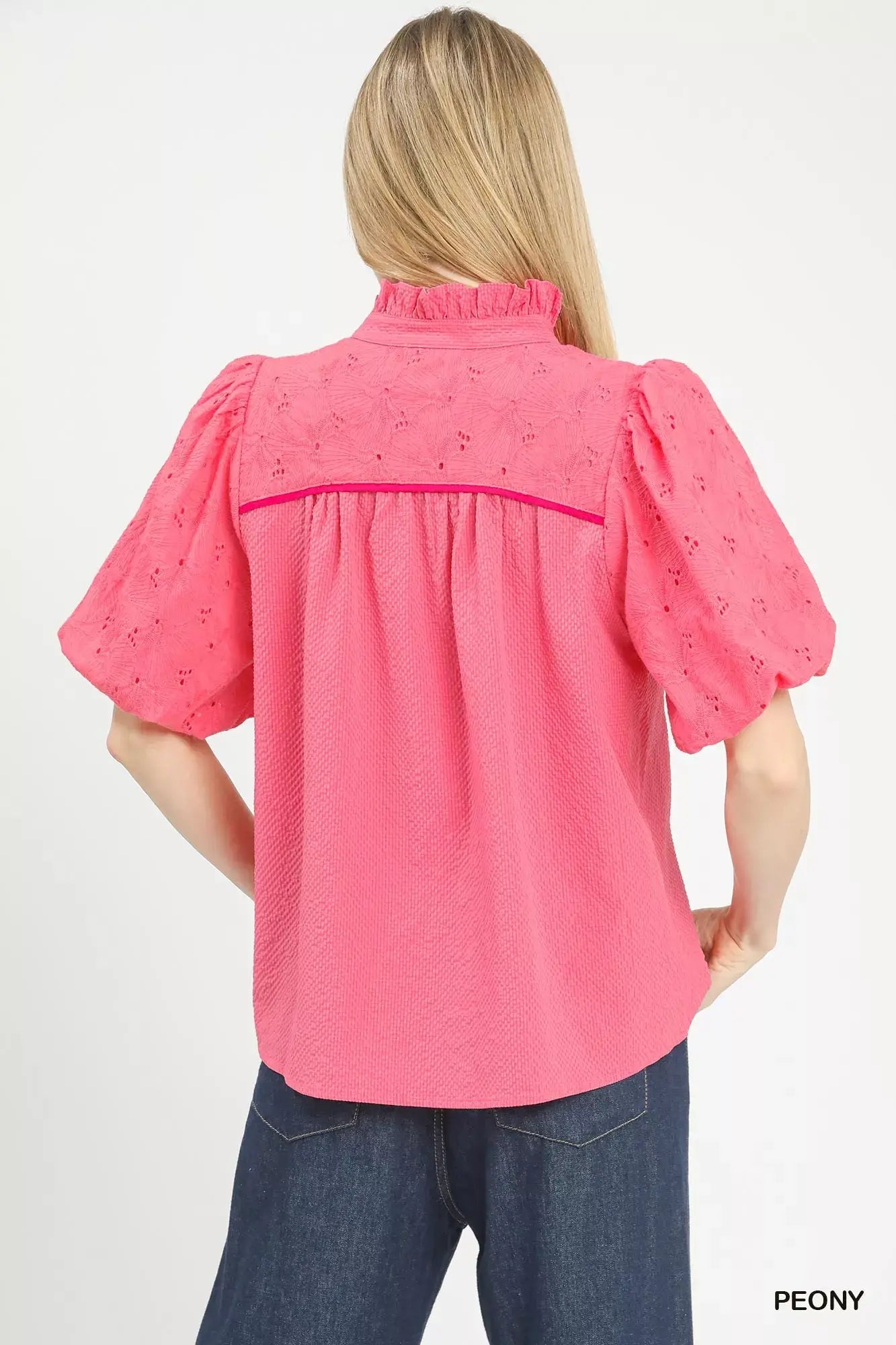 Umgee Puff Sleeve Eyelet Mix Top with Contrast Piping - Trendsi - Flyclothing LLC