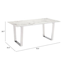 71" White And Silver Marble And Steel Sled Base Dining Table - Homeroots