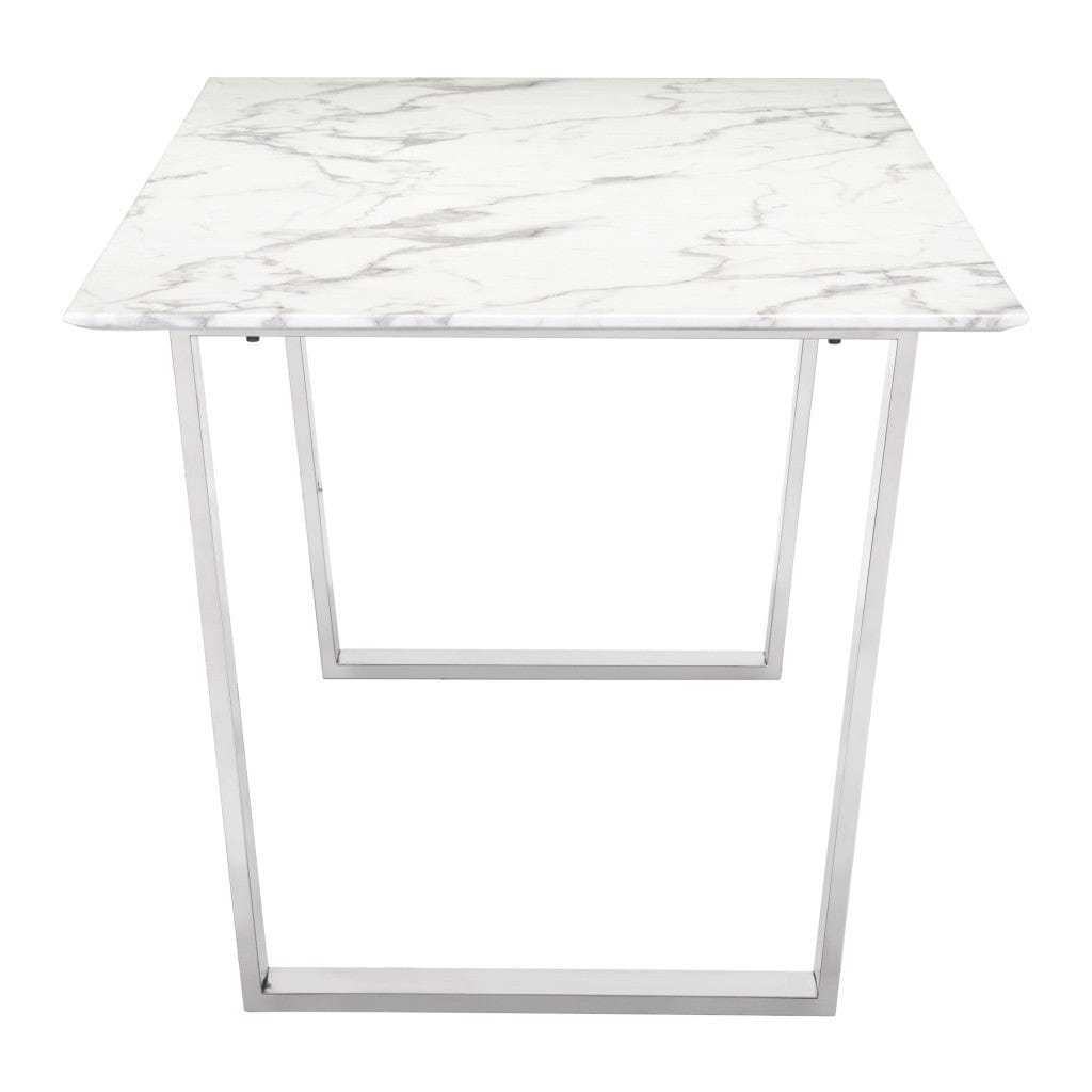71" White And Silver Marble And Steel Sled Base Dining Table - Homeroots