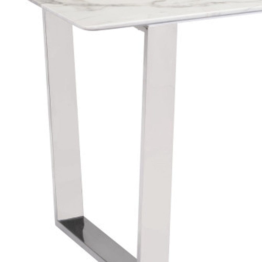71" White And Silver Marble And Steel Sled Base Dining Table - Homeroots