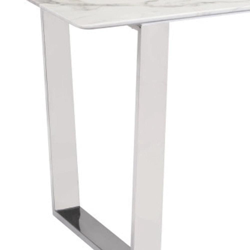 71" White And Silver Marble And Steel Sled Base Dining Table - Homeroots - Flyclothing LLC