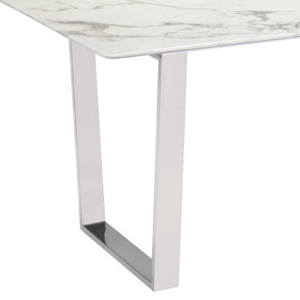 71" White And Silver Marble And Steel Sled Base Dining Table - Homeroots