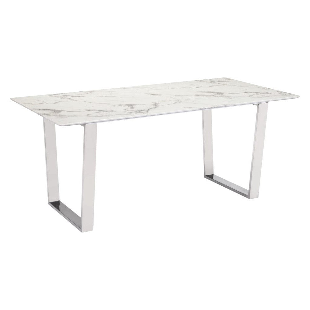 71" White And Silver Marble And Steel Sled Base Dining Table - Homeroots