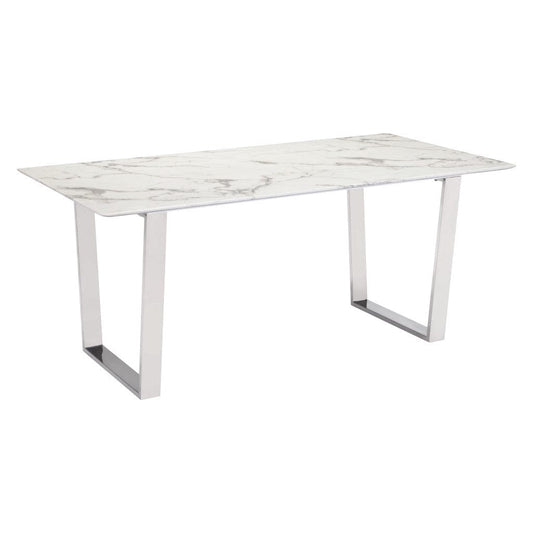 71" White And Silver Marble And Steel Sled Base Dining Table - Homeroots