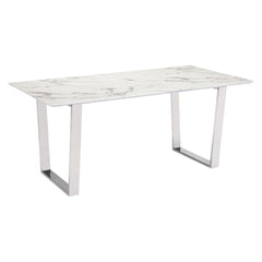 71" White And Silver Marble And Steel Sled Base Dining Table - Homeroots