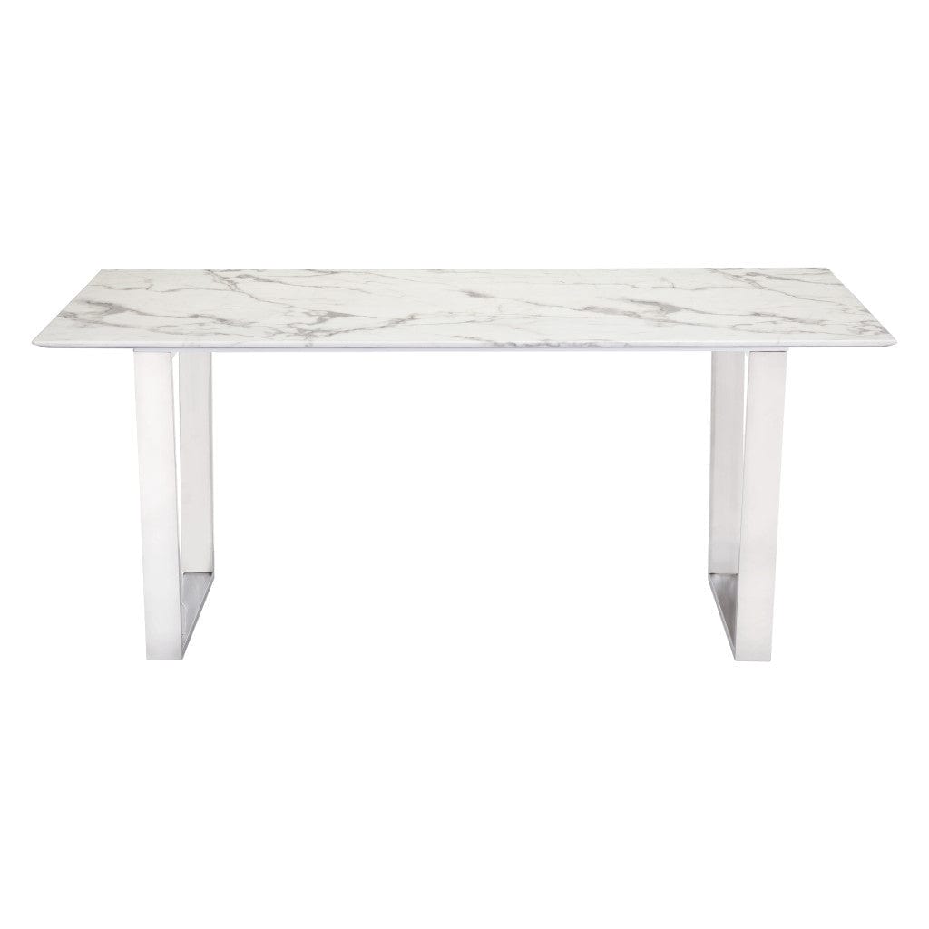 71" White And Silver Marble And Steel Sled Base Dining Table - Homeroots