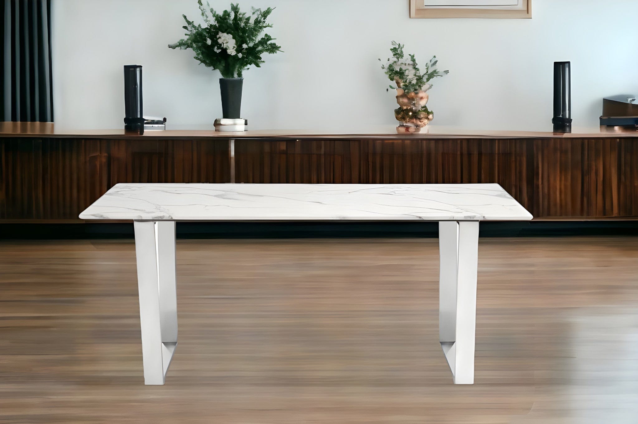71" White And Silver Marble And Steel Sled Base Dining Table - Homeroots