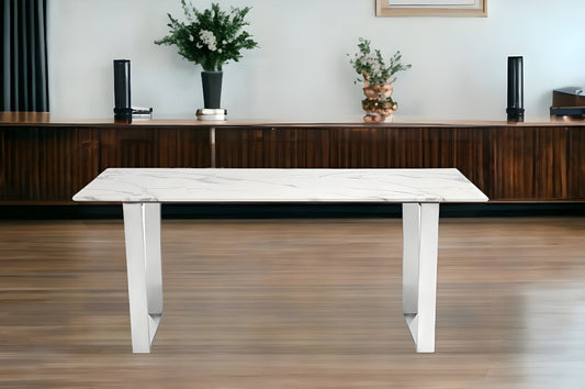 71" White And Silver Marble And Steel Sled Base Dining Table - Homeroots