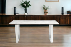 71" White And Silver Marble And Steel Sled Base Dining Table - Homeroots