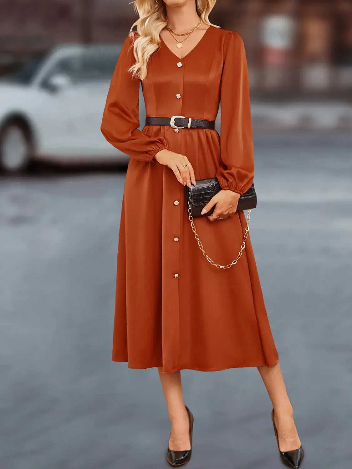 V-Neck Balloon Sleeve Midi Dress - Trendsi - Flyclothing LLC