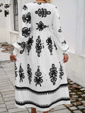 Devine Printed Surplice Lantern Sleeve Midi Dress - Trendsi - Flyclothing LLC