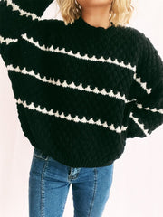 Contrast Stripes Round Neck Long Sleeve Sweater - Trendsi