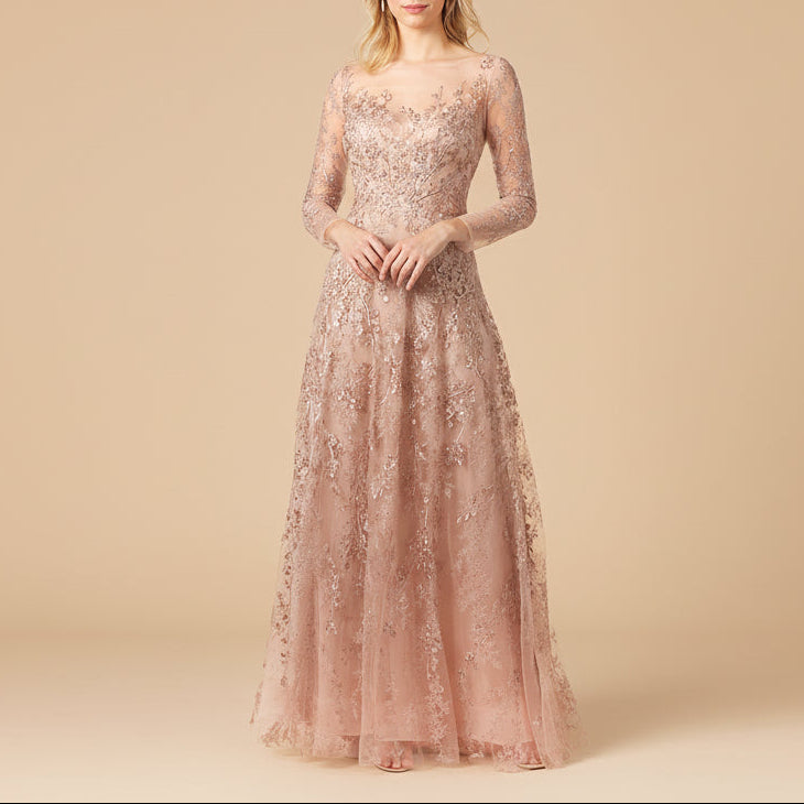 Lara 29677 - Illusion Neckline A-line Long Sleeves Gown