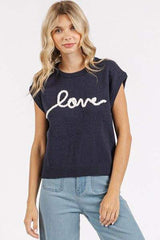 Mittoshop Contrast Letter Round Neck Cap Sleeve Knit Top - Trendsi - Flyclothing LLC