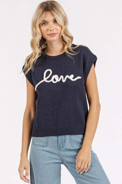 Mittoshop Contrast Letter Round Neck Cap Sleeve Knit Top - Trendsi - Flyclothing LLC