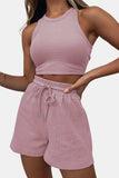 Round Neck Top and Drawstring Shorts Set - Trendsi - Flyclothing LLC