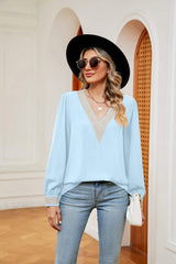 Contrast Puff Sleeve Blouse - Trendsi - Flyclothing LLC