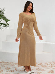 Ruched Round Neck Long Sleeve Dress - Trendsi