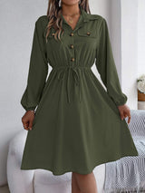 Collared Neck Long Sleeve Dress with Pockets - Trendsi - Flyclothing LLC