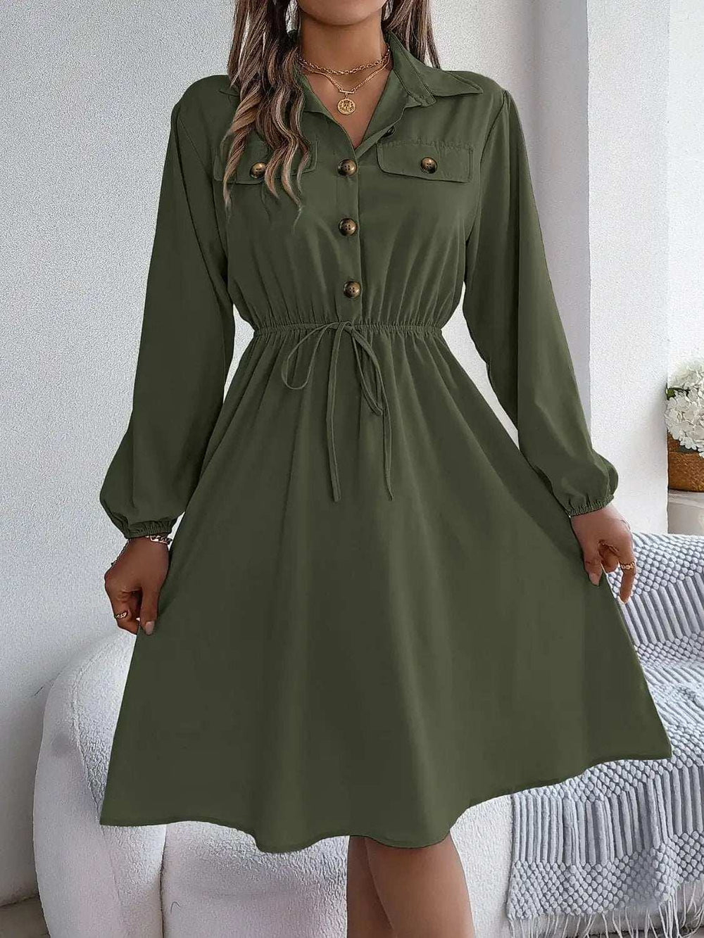 Collared Neck Long Sleeve Dress with Pockets - Trendsi - Flyclothing LLC