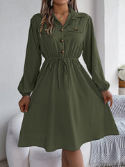 Collared Neck Long Sleeve Dress with Pockets - Trendsi