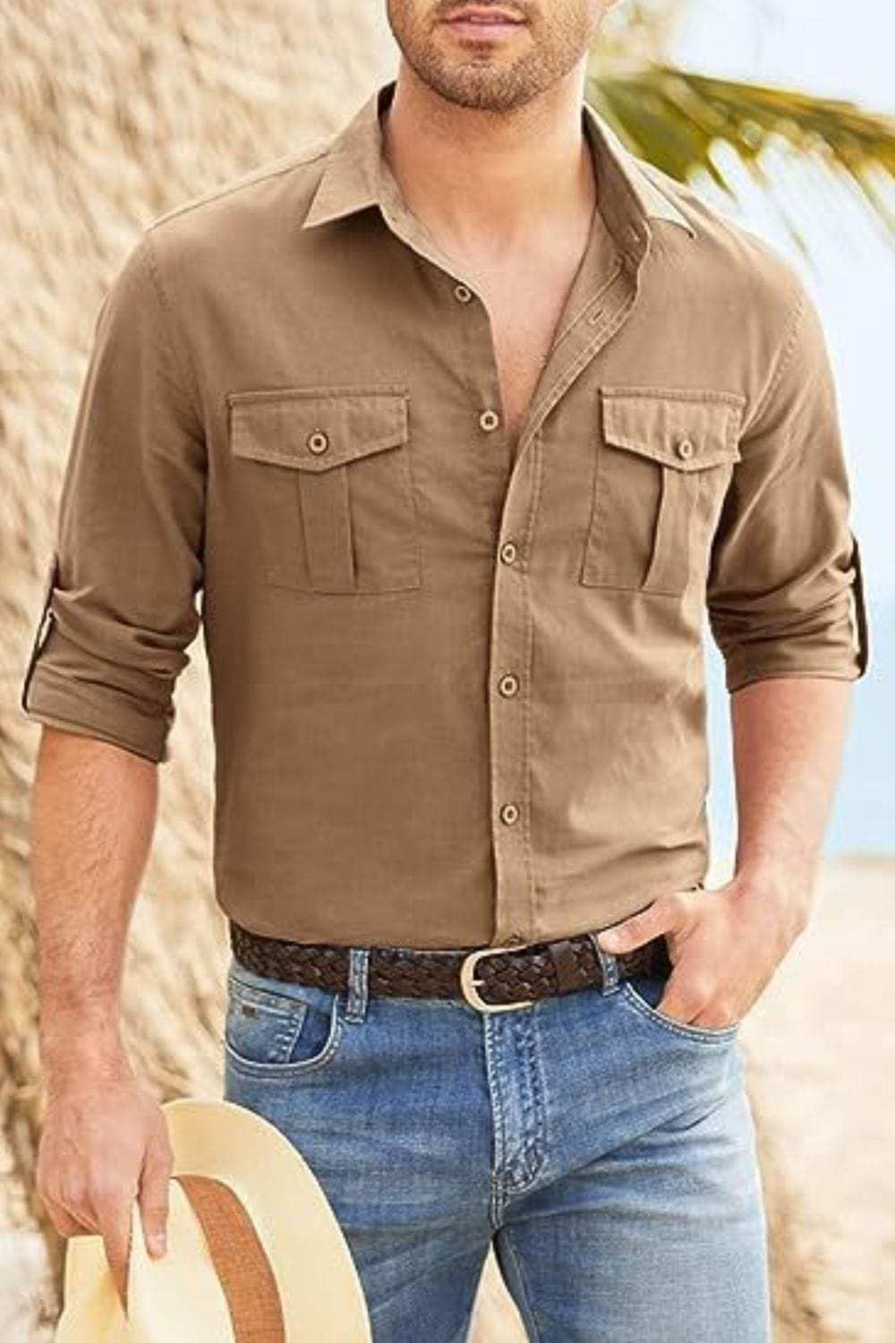 Men's Plus Size Button Down Collared Neck Long Sleeve Shirt - Trendsi - Flyclothing LLC