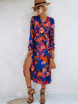 Printed Surplice Long Sleeve Midi Dress - Trendsi - Flyclothing LLC