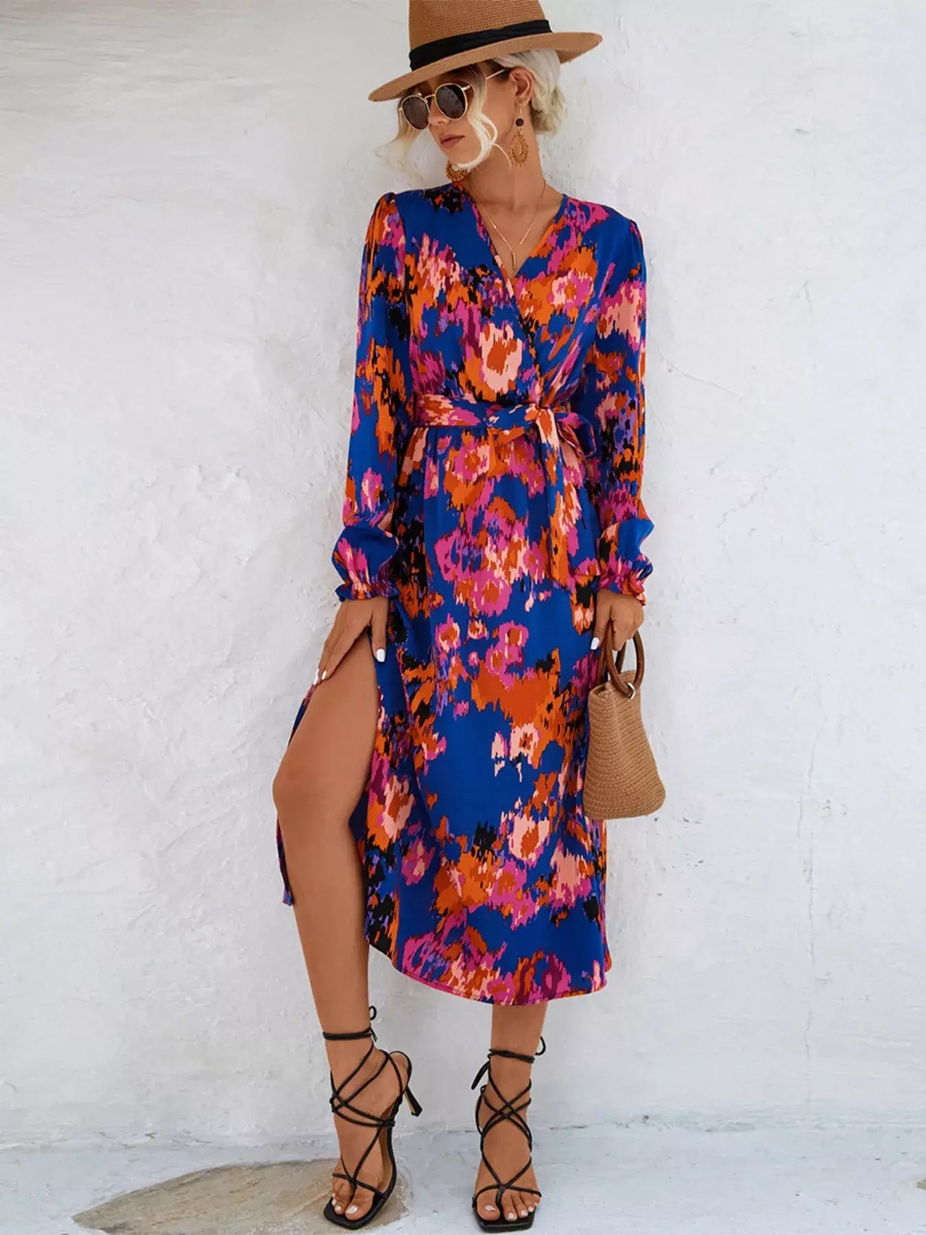 Printed Surplice Long Sleeve Midi Dress - Trendsi - Flyclothing LLC