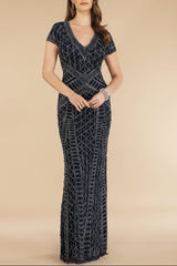 Lara 29746 - Beaded V-Neckline Dress with Cap Sleeves