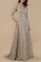 Lara 29753 - Long Sleeves Beaded Ballgown