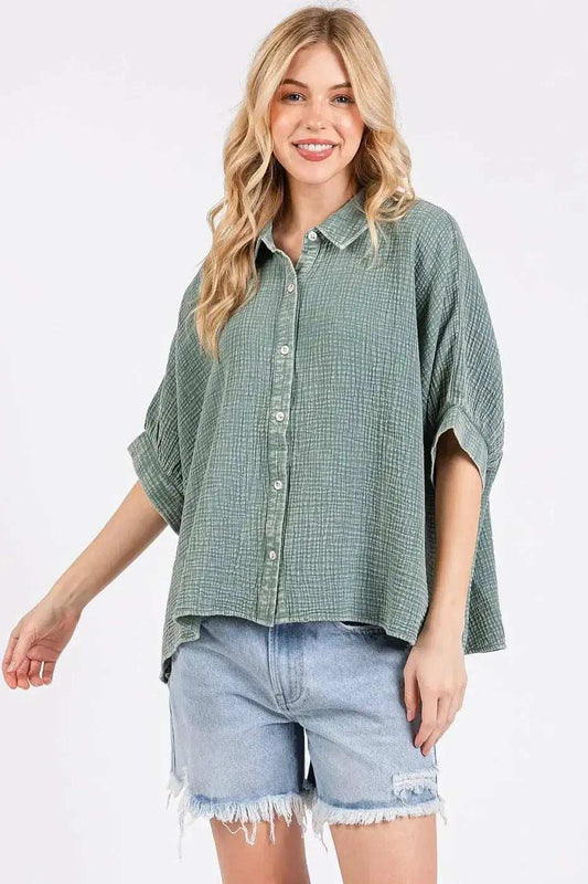Mittoshop Mineral Wash Gauze Dolman Sleeve Button Down Shirt - Trendsi - Flyclothing LLC